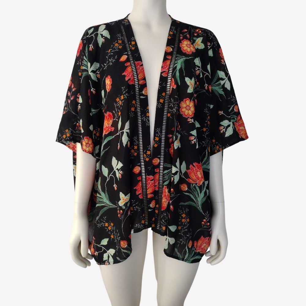 Style & Co Black Floral Oversized Open Front Light Kimono Jacket Size S